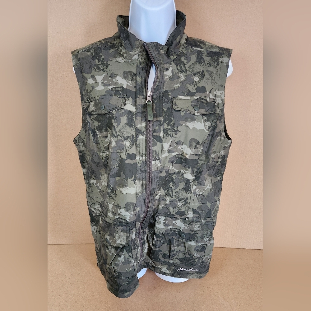 Eddie Bauer Womens Vest Jacket L Green Camo Travex Outdoor Hiking Hunting Casual